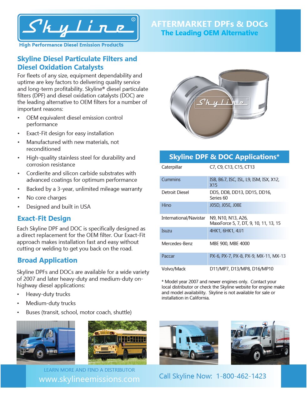 A thumbnail image of the first page of a brochure about Skyline Aftermarket DPFs & DOCs